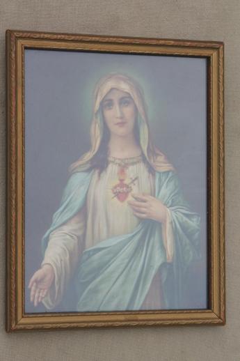 early 1900s vintage color litho religious prints, Sacred Heart Mary & Christ Child