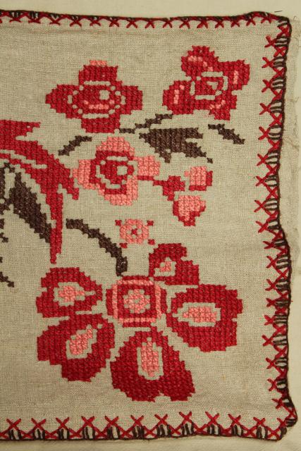 early 1900s vintage flax fabric bench cushion cover floral embroidery in heavy linen thread