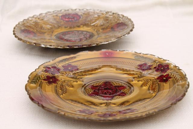 early 1900s vintage goofus glass carnival dishes, ornate roses hand painted red & gold