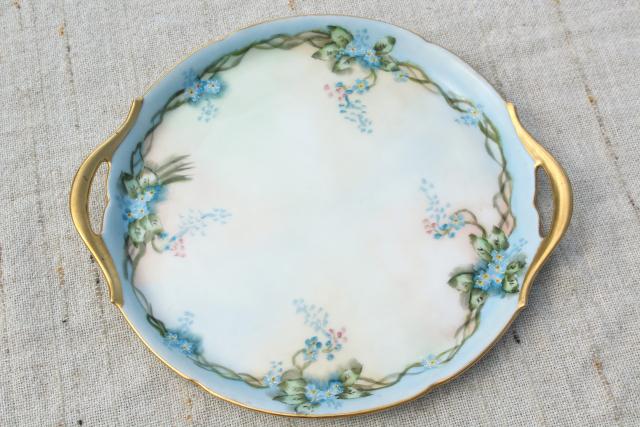 early 1900s vintage hand painted china tea or dessert plates set, blue forget-me-nots