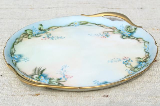 early 1900s vintage hand painted china tea or dessert plates set, blue forget-me-nots