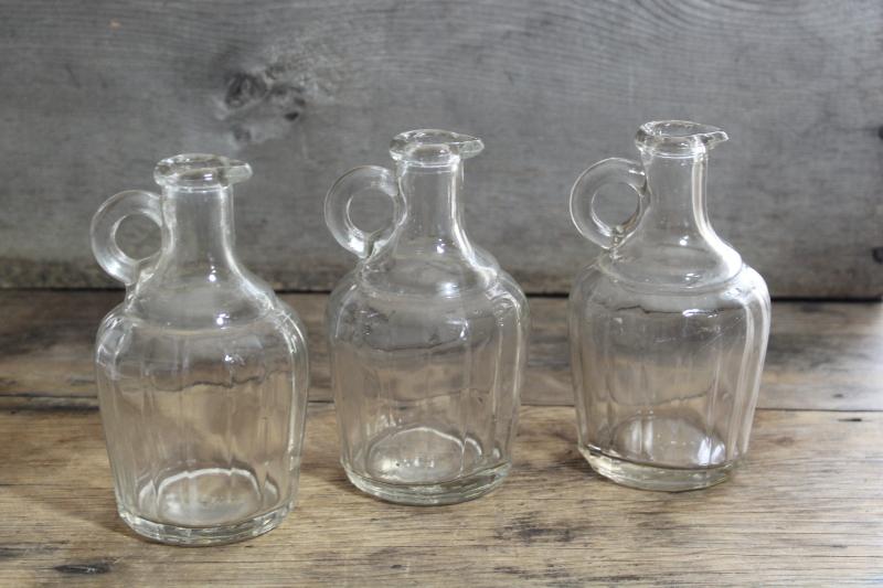 early 1900s vintage maple syrup bottles, jug shape pressed glass pitchers