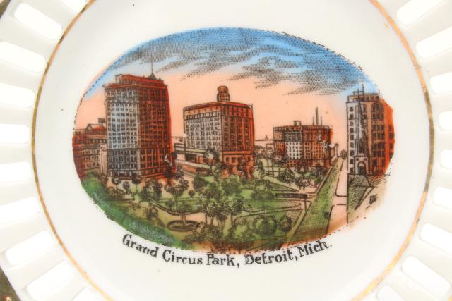 early 1900s vintage souvenir china plates, antique views of Detroit