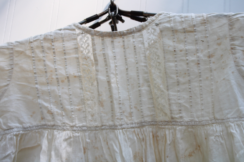 early 1900s vintage worn spotted white cotton baby dress w/ pintucks  lace insertion, antique whites