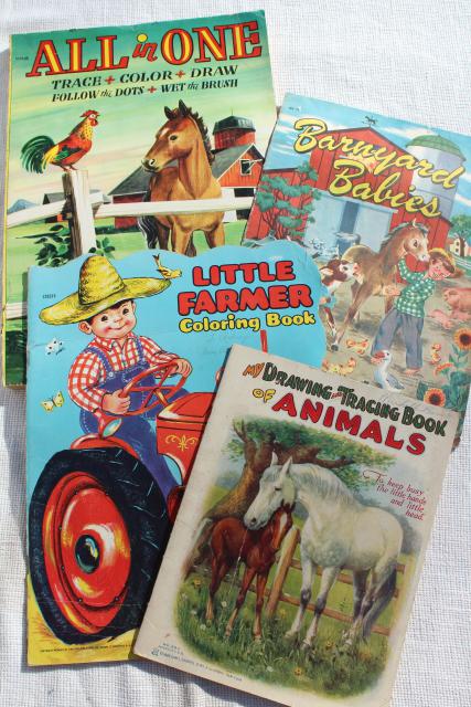 early 50s vintage children's picture books w/ retro cover art illustrations, farm country decor