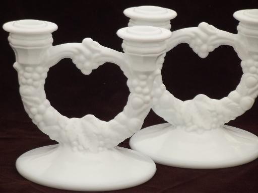 early Indiana glass paper label garland milk glass branched candle holders