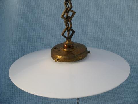 early industrial vintage electric pendant light, flat milk glass reflector shade