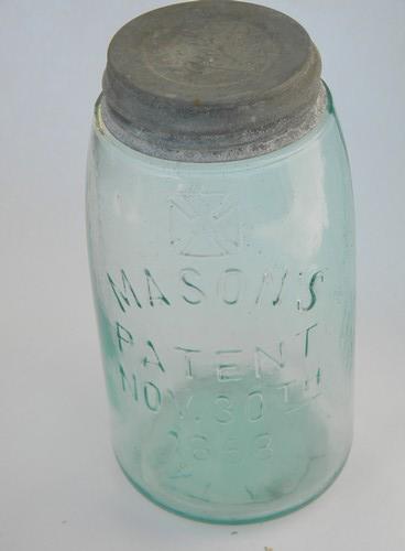 early old sloped shoulder blue fruit jar, Mason's Patent 1858