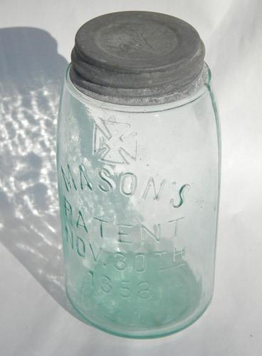 early old sloped shoulder blue fruit jar, Mason's Patent 1858