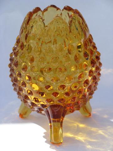 egg shape rose bowl or ivy vase, vintage Fenton amber glass hobnail pattern