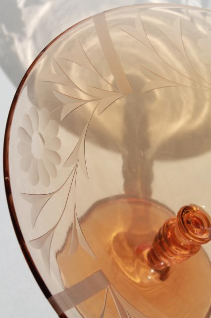 elegant vintage amber pink glass compote, wheel cut glass bowl w/ stacked wafer spindle stem 