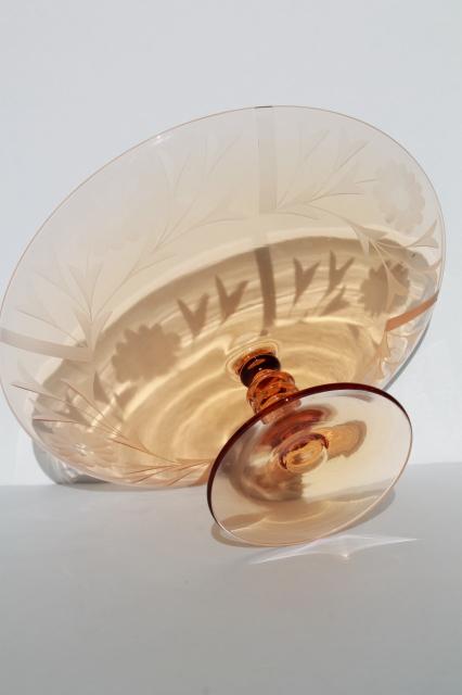 elegant vintage amber pink glass compote, wheel cut glass bowl w/ stacked wafer spindle stem 