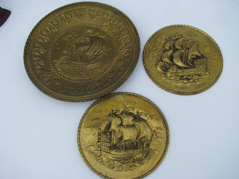 embossed solid brass chargers, large plates or trays, ships pattern, vintage England