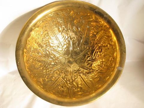 embossed wrought solid brass compote dish pedestal bowl, vintage India