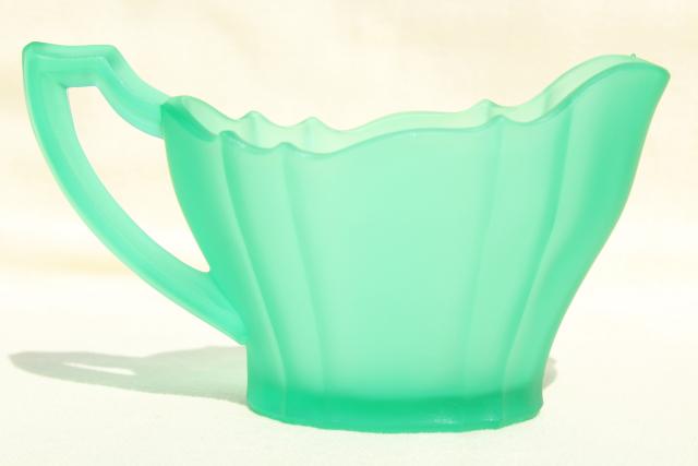 emerald green satin glass frosted cream & sugar set, art deco vintage depression glass