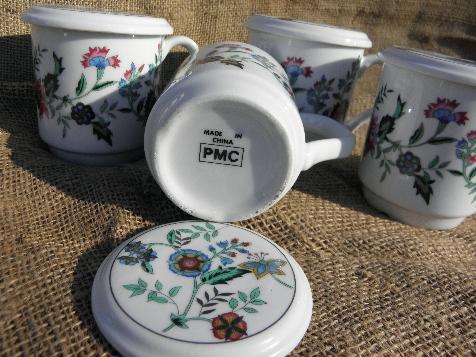 english floral print, set of 4 coffee cups, mugs with coaster / lids