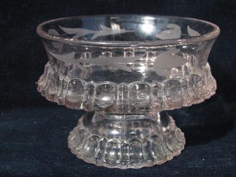 fancy antique vintage pattern glass ice cream dishes, small pedestal bowls