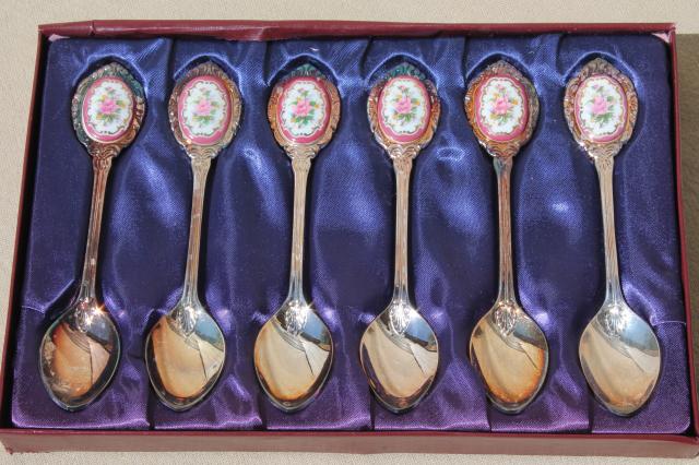 fancy china cameo silver plate coffee spoons, vintage demitasse set