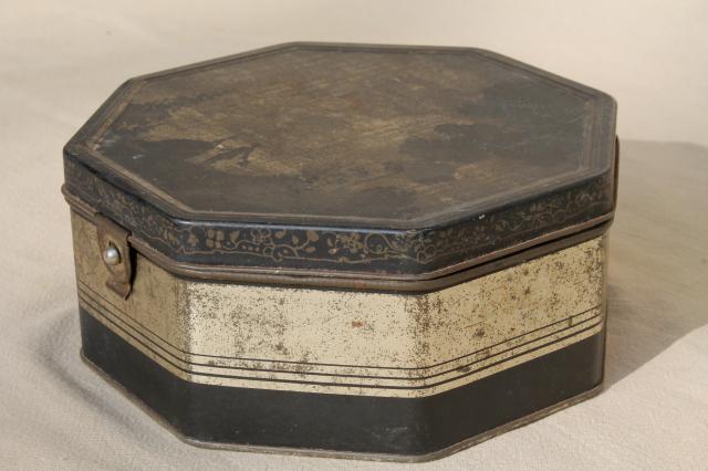 fancy shabby vintage tins, metal sewing box & candy / cookies tin