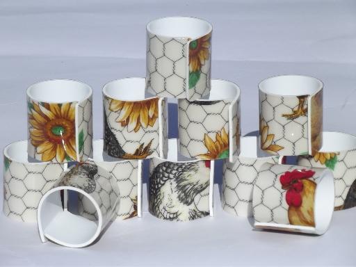 farm country chickens plastic napkin rings, rooster and chicken wire print