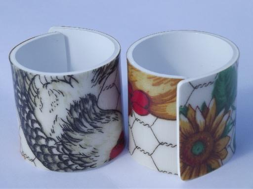 farm country chickens plastic napkin rings, rooster and chicken wire print