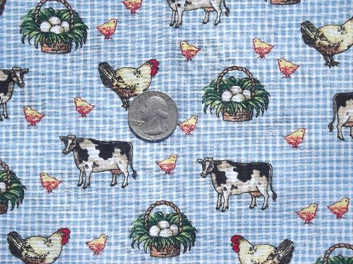 farm country prints cotton fabric lot, chicken wire, roosters, cow print 