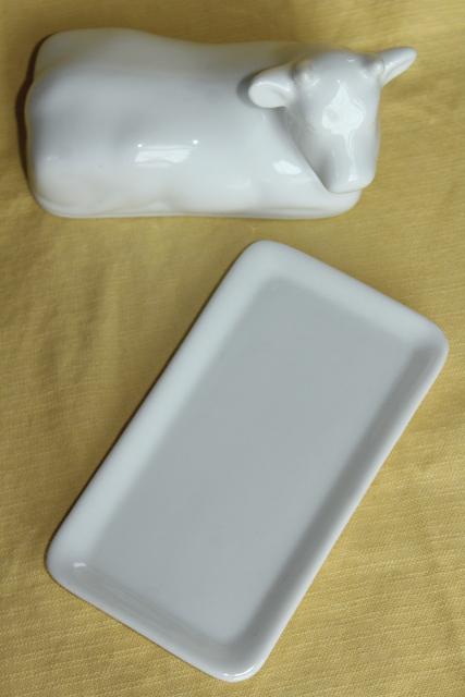 farmhouse kitchen butter dish, white ironstone china cow cover w/ butter plate