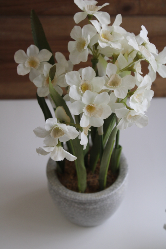 faux flowers winter potted bulbs paperwhites narcissus fake plants in pottery planter