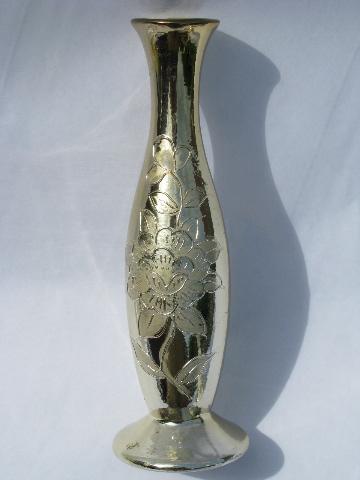 faux mercury glass, pair gold silvered ceramic vases, vintage Japan