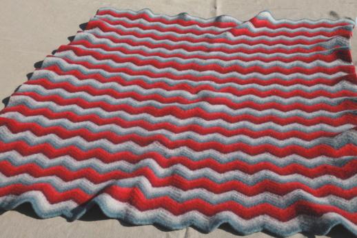 felted vintage crochet wool afghan throw blanket, red & grey chevron stripes