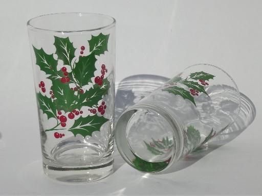 festive Christmas holly glasses, retro glass tumblers set of 8