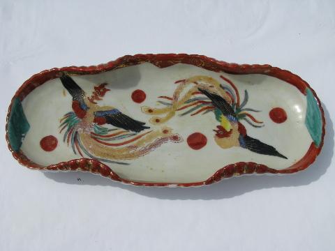 fighting roosters, handpainted vintage oriental porcelain dish
