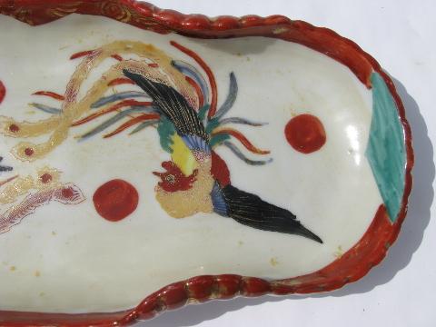 fighting roosters, handpainted vintage oriental porcelain dish