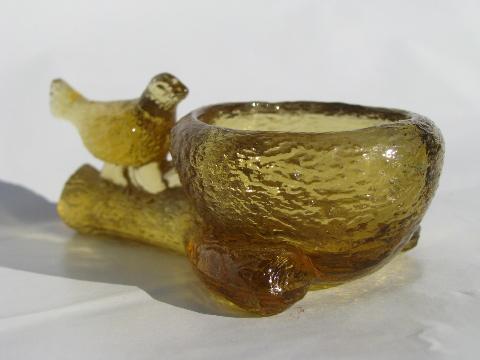 figural bird and nest egg cup, vintage amber pressed glass egg holder