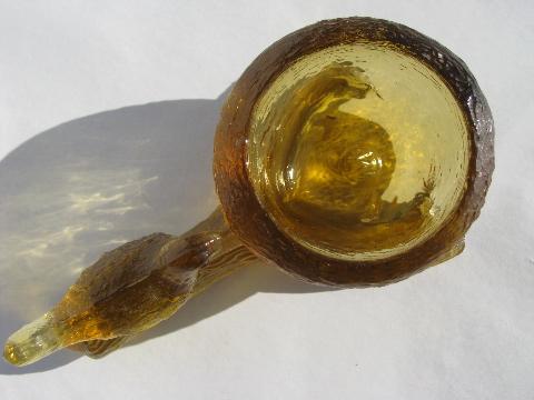 figural bird and nest egg cup, vintage amber pressed glass egg holder