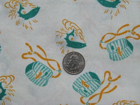 fishing theme, trout and fish creels print cotton fabric, 1950's vintage
