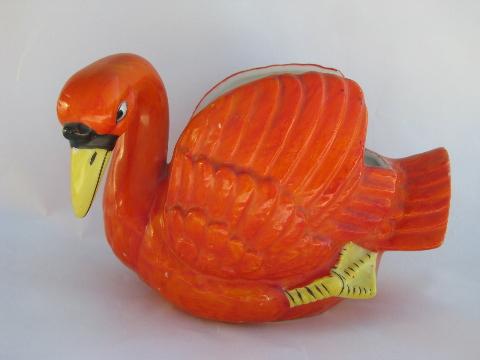 flame orange deco swan, vintage Made in Japan painted china planter