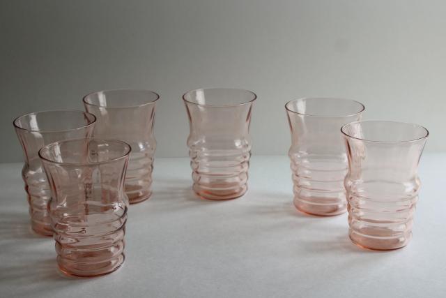 flamingo pink Heisey plateau stacked ring tumblers, vintage pink depression glass soda glasses