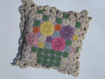 flower basket yoyo patchwork throw pillow, all vintage cotton prints
