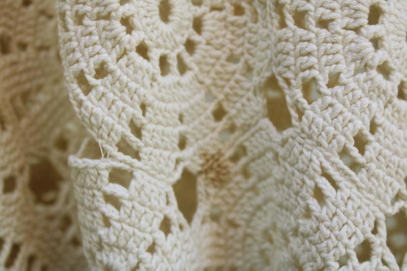 flower crochet vintage lace tablecloth, shabby cottage decor or upcycle fabric