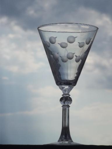 flower dots water glasses, vintage Rock Sharpe Libbey crystal stemware