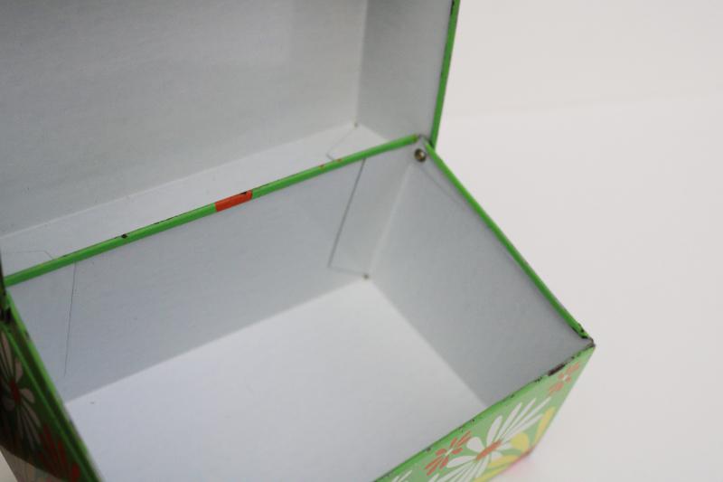 flower power vintage metal file card recipe box, orange & white daisies on lime green