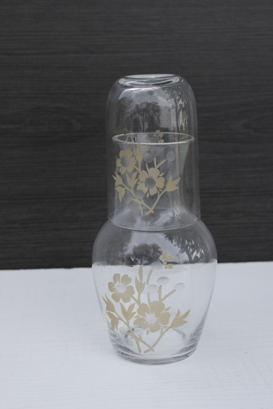flowered glass tumble up water bottle and tumbler, bedside carafe drinking glass set