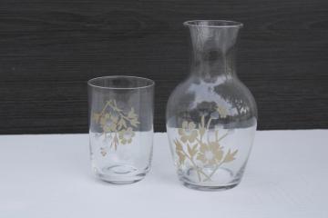 flowered glass tumble up water bottle and tumbler, bedside carafe drinking glass set