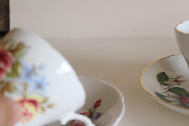 flowery vintage English bone china tea cups, set 12 mismatched cup & saucer sets