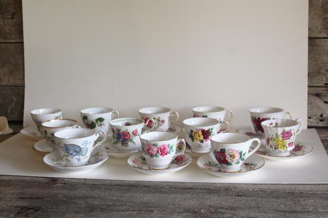 flowery vintage English bone china tea cups, set 12 mismatched cup & saucer sets