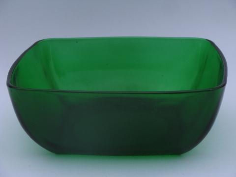 forest green Charm, vintage Fire-King glass square salad bowl sets, 6 bowls