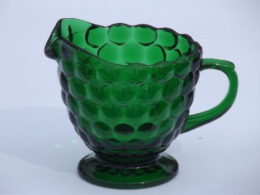 forest green bubble pattern glass cream pitcher, vintage Anchor Hocking