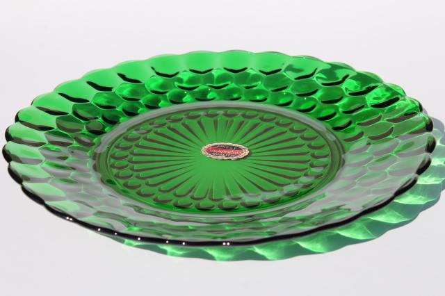 forest green bubble pattern glass plate & bowls, vintage Anchor Hocking