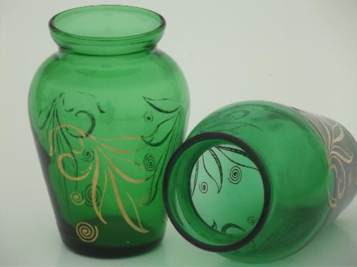 forest green glass violet vases,  1950s vintage Anchor Hocking glassware
